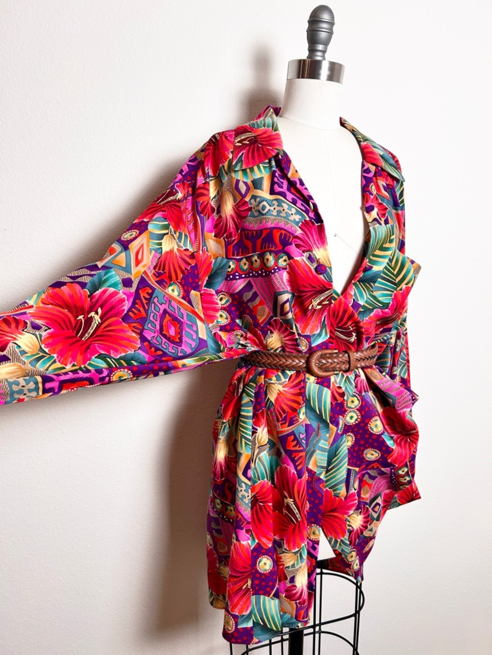 Vintage Dana Buchman 100% Silk Floral Button Tunic Blouse Multicolor Women's L
